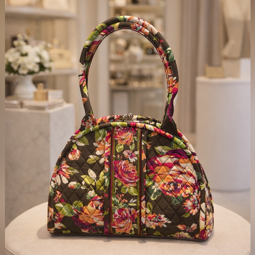 VERA BRADLEY Large Bowler Kisslock Satchel Mod Floral Pink Brown-Retired Pattern - Picture 2 of 14